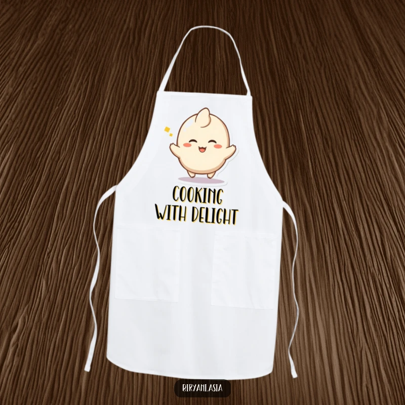 Funny Dumpling Hop Apron featuring a happy dumpling character doing a little hop with a sigh of delight, perfect for kitchen joy.