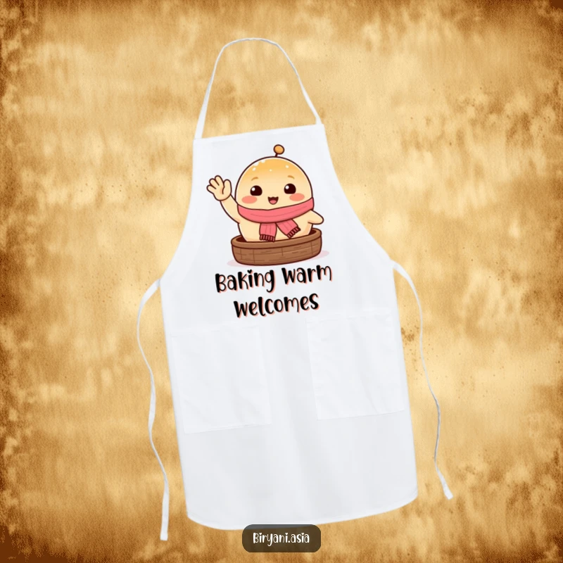 Funny happy steamed bun with scarf waving, a humorous and functional kitchen apron.