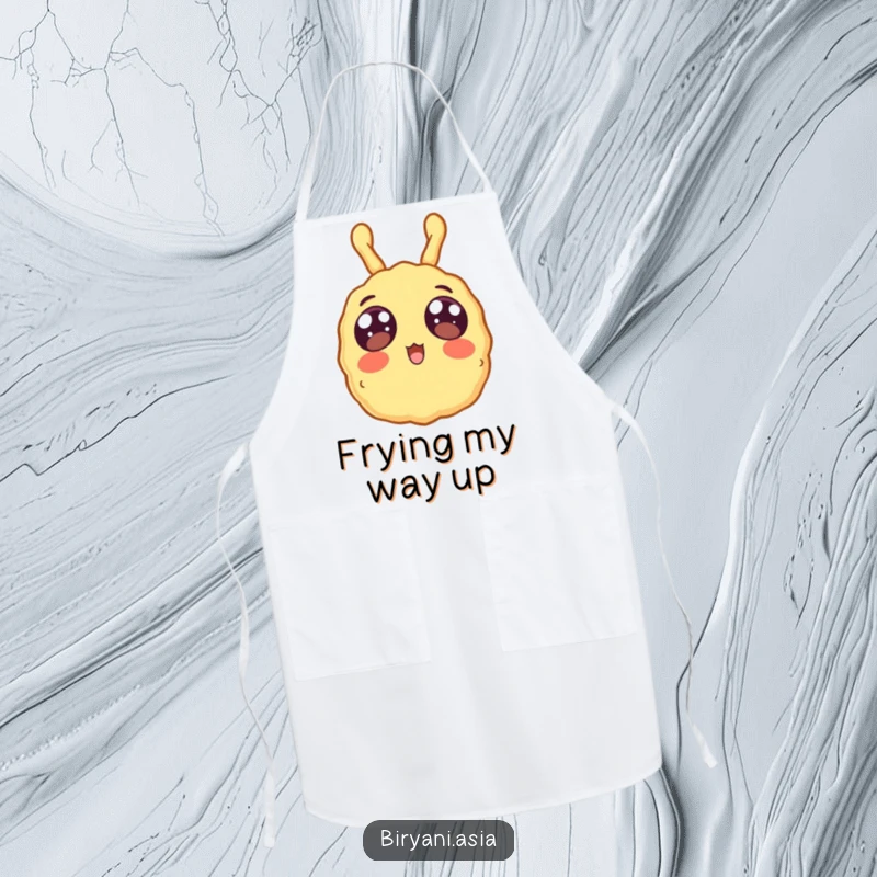 Funny surprised tempura floating upwards, a humorous and practical kitchen apron.