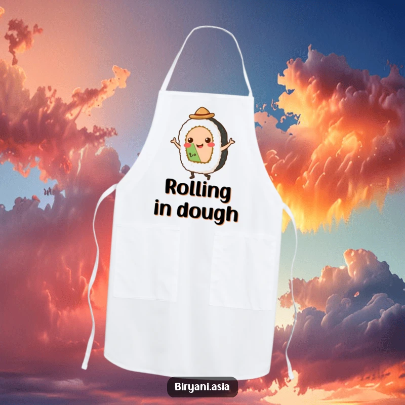 Funny Apron: A smiling sushi roll wearing a chef hat doing a tap dance, adding humor to cooking tasks.