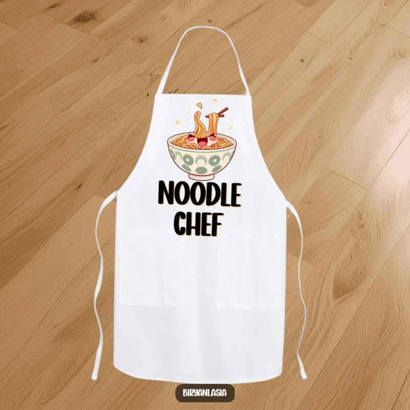 Funny Apron: A happy bowl of ramen noodles with chopsticks, juggling itself, bringing fun to the kitchen.