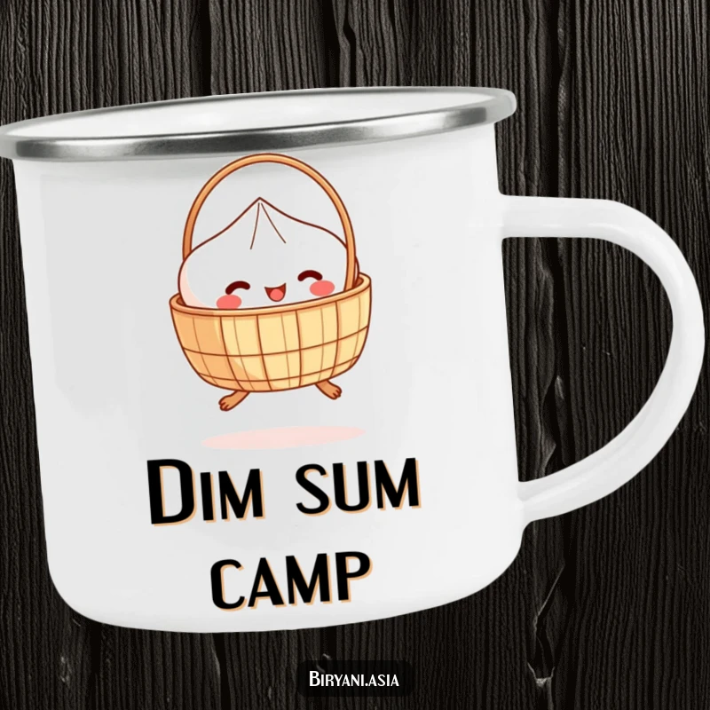 Funny Camping Mug: A happy dim sum basket with small legs, hopping with energy, ready for outdoor meals.