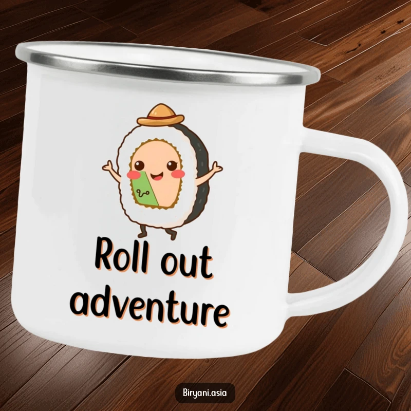 Funny Camping Mug: A smiling sushi roll with a hat, dancing energetically, ready for outdoor adventures.