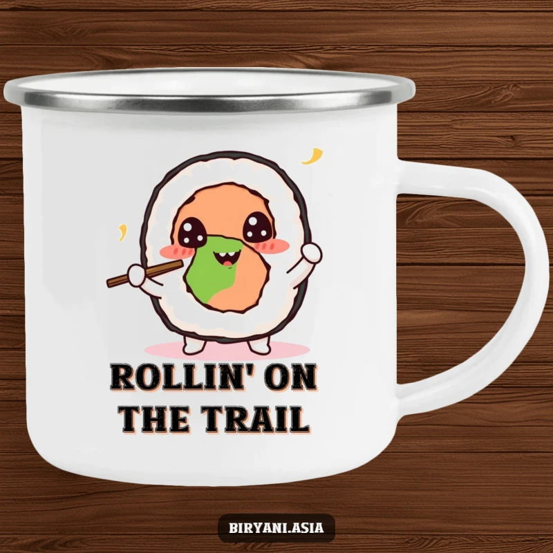 Funny Sushi Roll Juggling Camping Mug featuring a happy sushi roll character juggling tiny chopsticks, perfect for outdoor enjoyment.