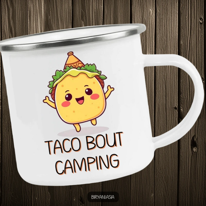 Funny Camping Mug: A happy taco wearing a sombrero, bouncing with energy, ready for outdoor fun.