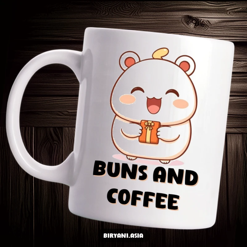 Funny Bao Bun Gift Mug featuring a joyful bao bun character with a big smile, happily offering a tiny, wrapped gift.