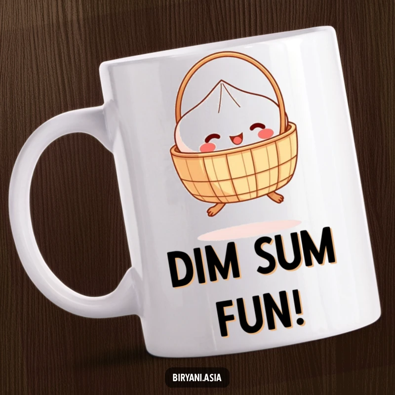 Funny Mug: A delighted dim sum basket with tiny legs, performing a playful hop with visible joy.