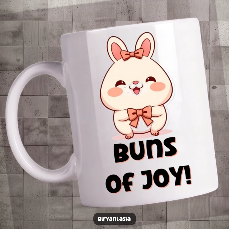Funny Mug: A smiling bao bun with rosy cheeks, humbly taking a tiny bow, radiating sweetness.