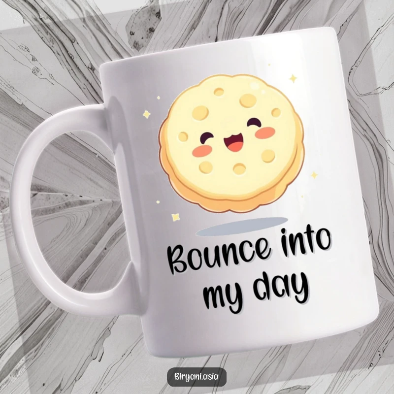Funny charming mooncake happily bouncing like a ball, a joyful and playful mug design.