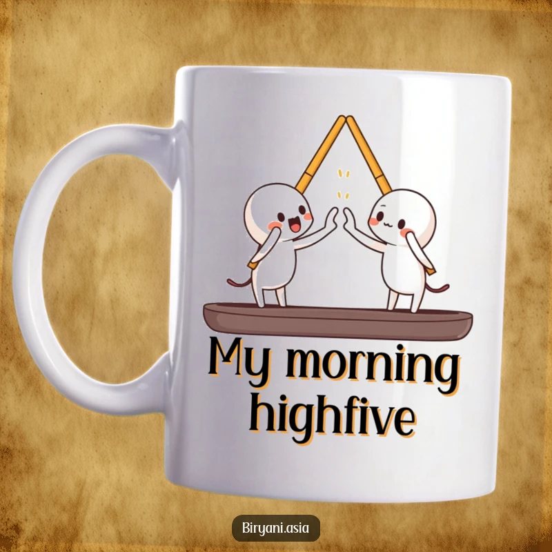 Funny playful chopsticks attempting to high-five each other, a humorous and energetic mug design.