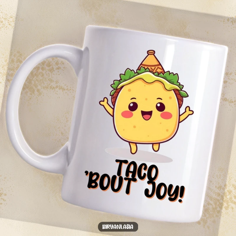 Funny Mug: A happy taco wearing a tiny sombrero, joyfully bouncing with excitement, bringing festive cheer.