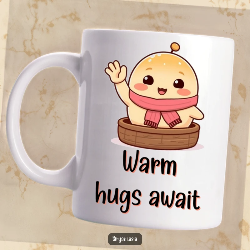 Funny happy steamed bun wearing a tiny scarf, waving excitedly, a cheerful and friendly mug design.