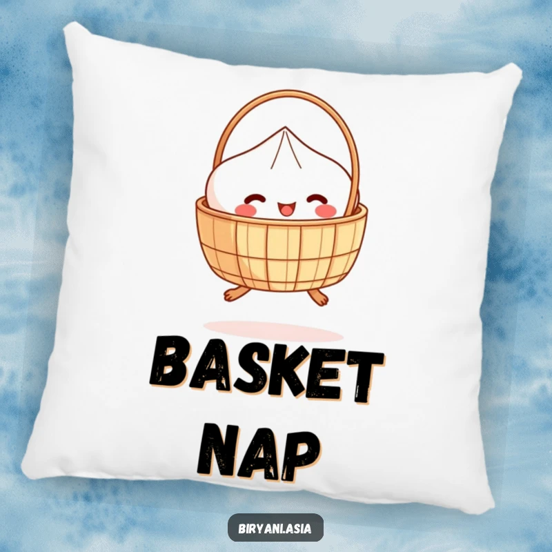 Funny Pillow: A smiling dim sum basket with tiny legs, hopping with joy, perfect for adding comfort.