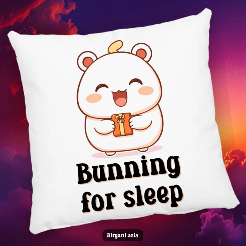Funny Bao Bun Gift Pillow featuring a joyful bao bun character with a big smile, holding out a tiny gift for comfort.