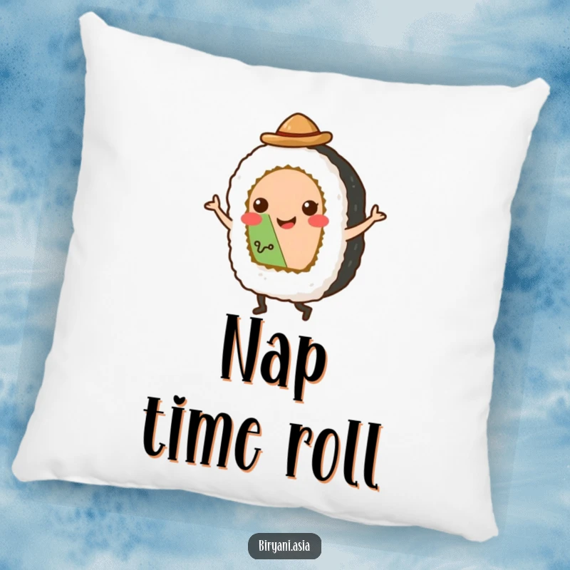 Funny Pillow: A smiling sushi roll in a miniature hat performing a tap dance, perfect for adding a touch of humor.