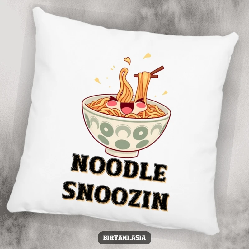 Funny Pillow: A smiling bowl of ramen noodles with chopsticks, juggling itself, perfect for adding comfort.