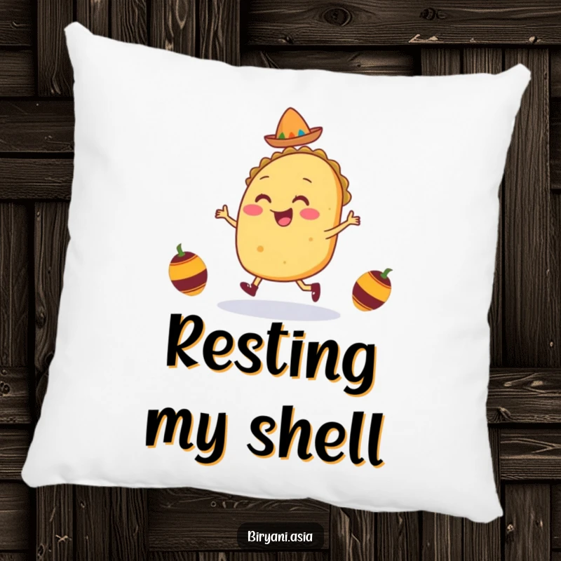 Funny Taco Jig Pillow featuring a smiling taco character in a festive jig with tiny maracas, adding a humorous and cozy element to any room.