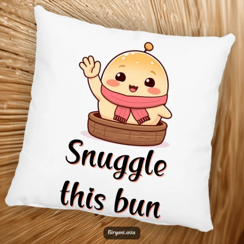 Funny happy steamed bun waving excitedly, a soft and humorous decorative pillow.