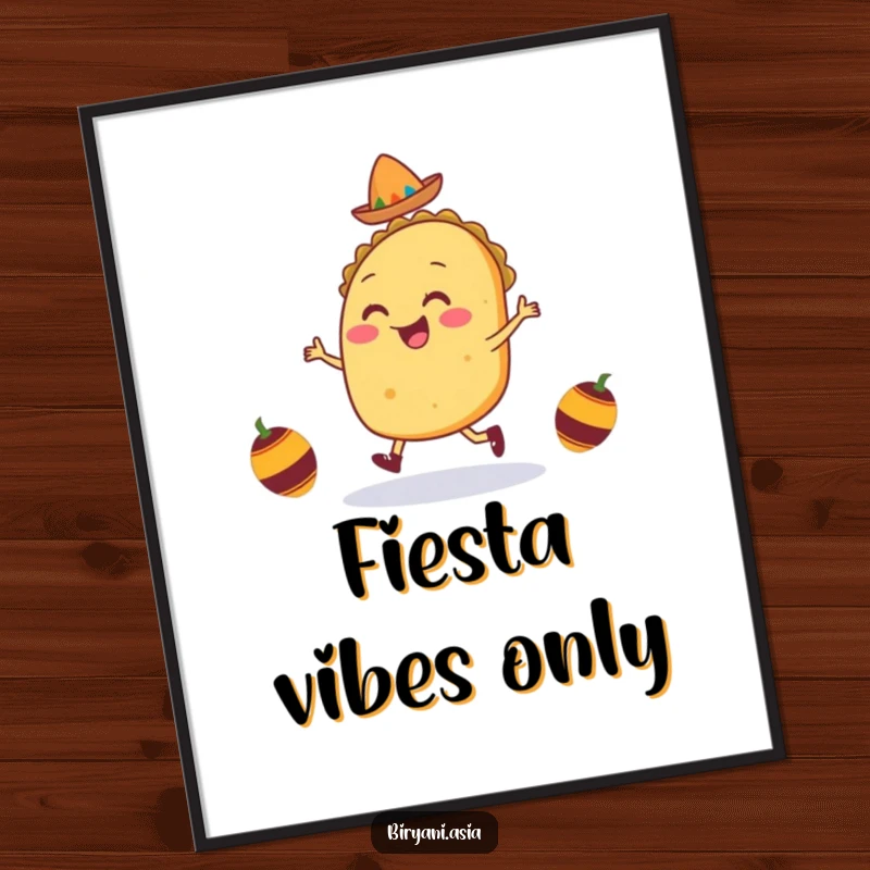 Funny Taco Jig Digital Art Print of a smiling taco character doing a lively dance with tiny maracas, offering instant humorous decor.