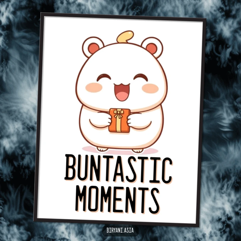 Funny Bao Bun Gift Digital Art Print of a joyful bao bun character smiling and offering a tiny gift, perfect for instant decor.