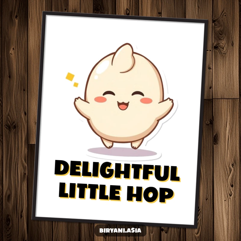 Funny Dumpling Hop Digital Art Print of a happy dumpling character doing a little hop with a sigh of delight, perfect for decor.
