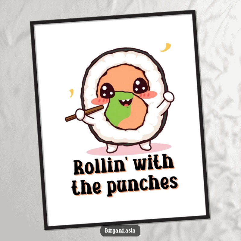 Funny Sushi Roll Juggling Digital Art Print of a cheerful sushi roll character juggling tiny chopsticks, offering instant artistic humor.