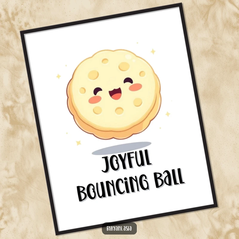 Funny charming mooncake happily bouncing like a ball, downloadable humorous digital art print.