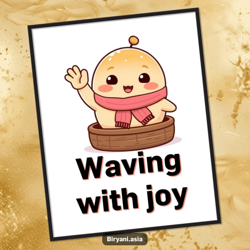 Funny happy steamed bun waving excitedly, downloadable humorous digital art print.