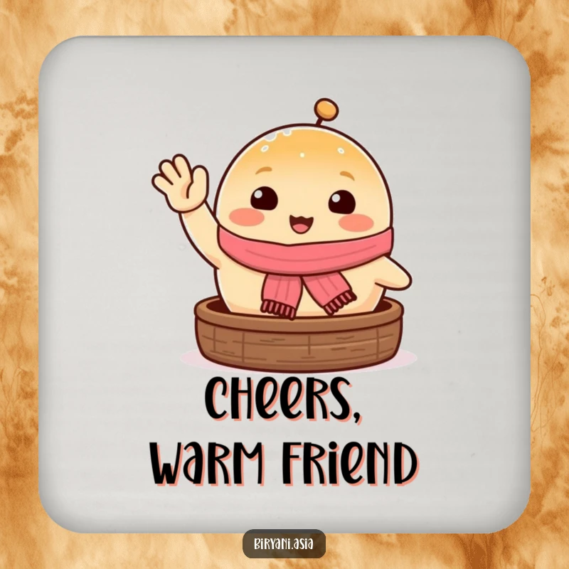 Funny happy steamed bun waving excitedly, a humorous and protective drink coaster.