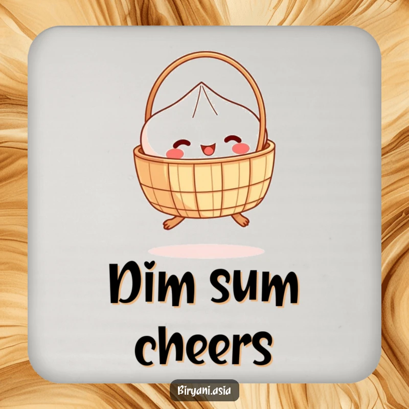Funny Coaster: A smiling dim sum basket with tiny legs, hopping with delight, protecting your tables.