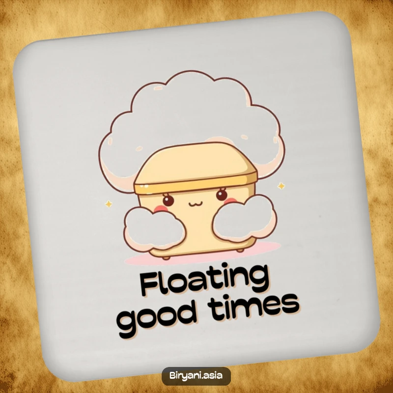 Funny giggling bento box peeking from a cloud, humorous and protective drink coaster.