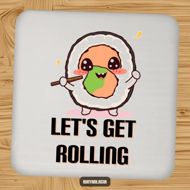 Funny Sushi Roll Juggling Coasters featuring a happy sushi roll character juggling tiny chopsticks, protecting surfaces with skillful humor.