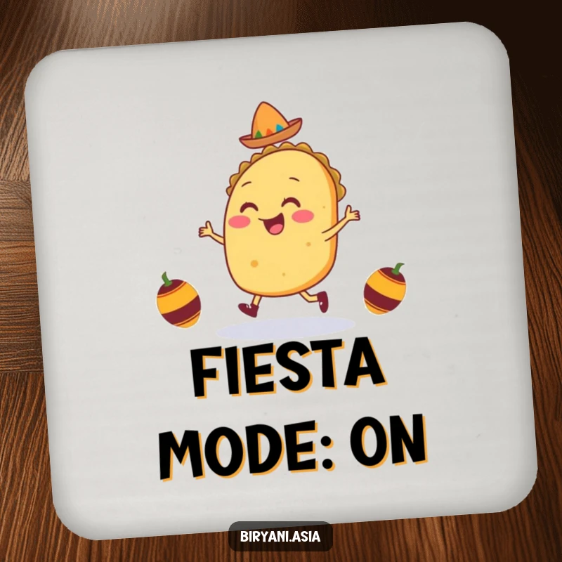 Funny Taco Jig Coasters featuring a smiling taco character in a jig with tiny maracas, protecting surfaces with humorous fiesta flair.