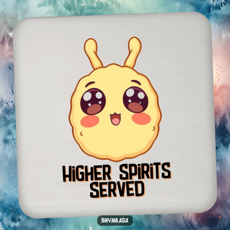 Funny surprised tempura floating upwards, a humorous and protective drink coaster.