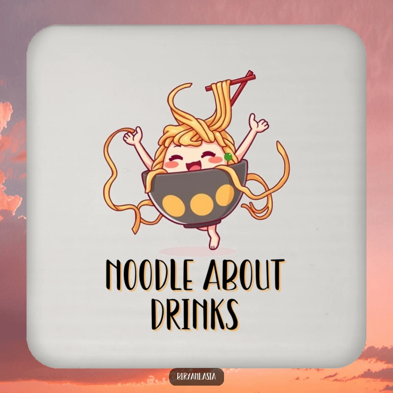 Funny Ramen Dance Coasters featuring a ramen bowl character twirling noodles like ribbons, protecting surfaces with humorous noodle flair.