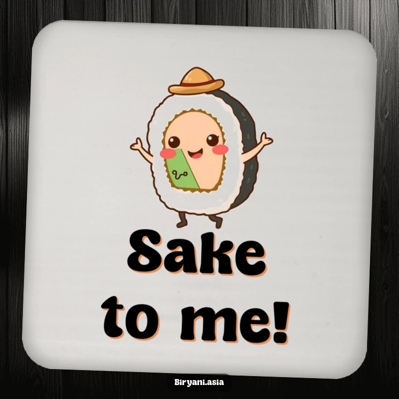 Funny Coaster: A smiling sushi roll in a tiny hat performing a tap dance, keeping your tables safe and stylish.