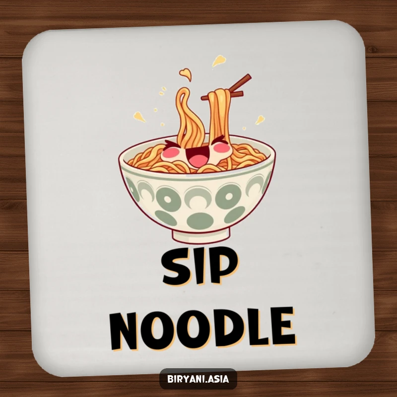 Funny Coaster: A smiling bowl of ramen noodles with chopsticks, juggling itself, protecting your tables.