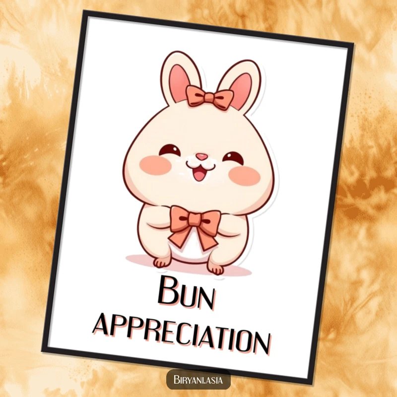 Funny Poster: A smiling bao bun with rosy cheeks, performing a charming tiny bow, radiating sweetness.