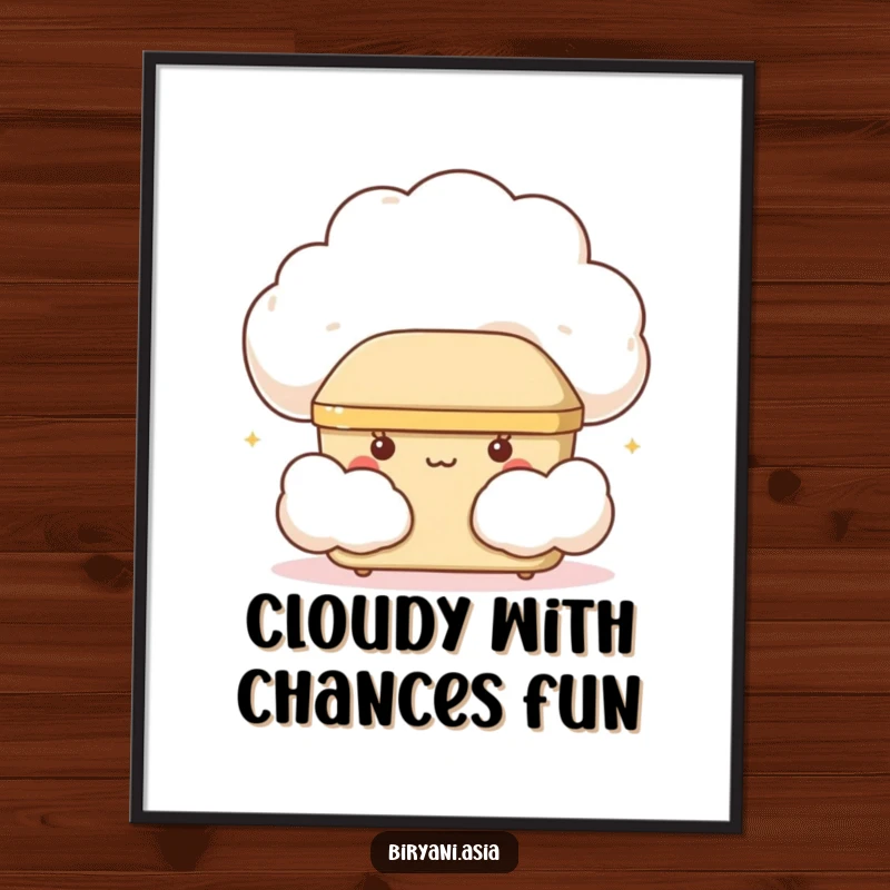 Funny giggling bento box peeking from a soft cloud, whimsical and humorous wall art poster.