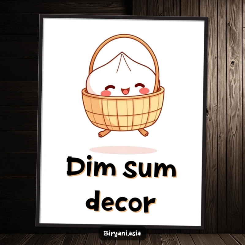 Funny Poster: A delighted dim sum basket with tiny legs, captured in a fun hopping motion.