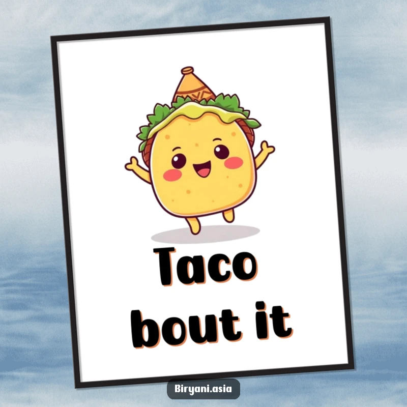 Funny Poster: A cheerful taco with a sombrero, joyfully bouncing, bringing a vibrant and festive atmosphere.