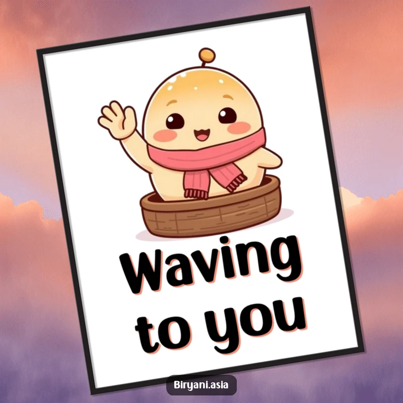 Funny happy steamed bun wearing a scarf, waving excitedly, humorous wall art poster.