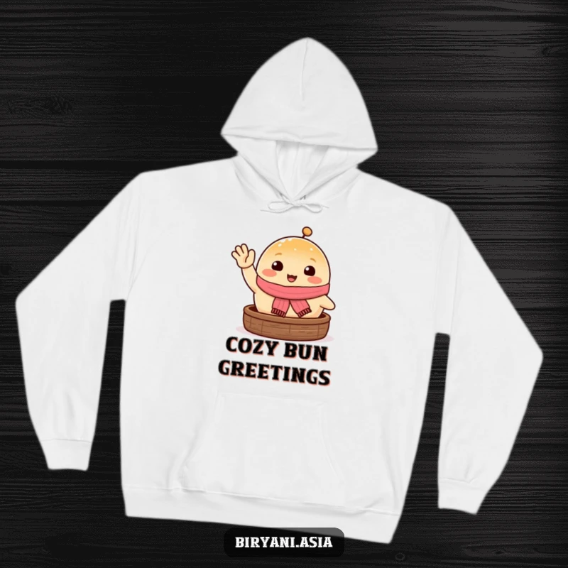 Funny happy steamed bun in a scarf waving excitedly, a cozy and humorous hoodie.