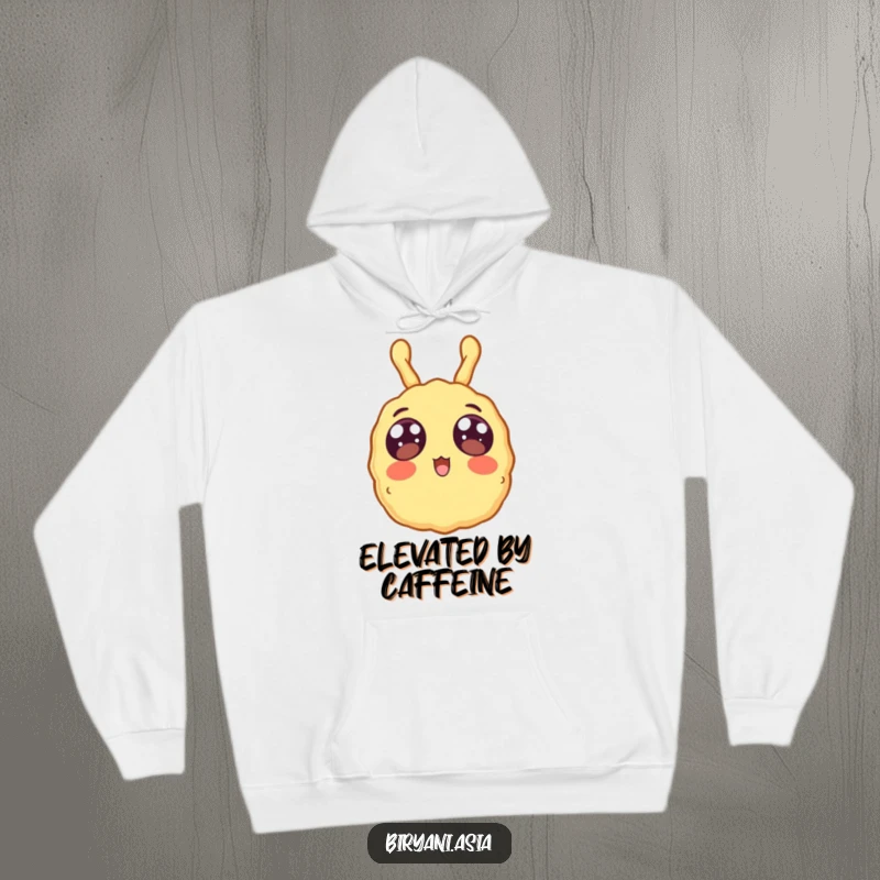 Funny surprised tempura floating upwards, a cozy and humorous hoodie design.