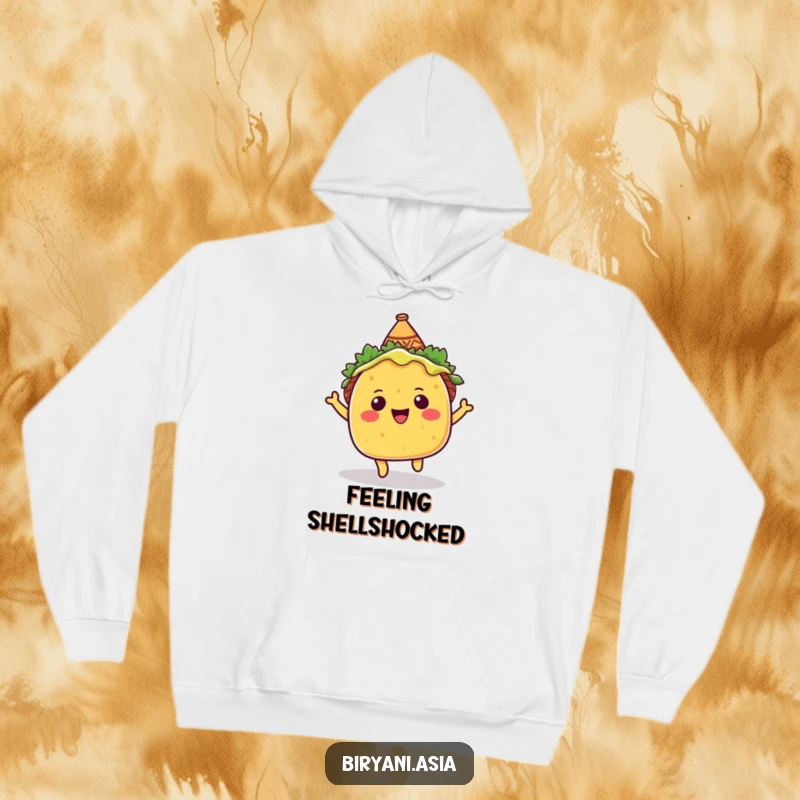 Funny Hoodie: A cheerful taco wearing a miniature sombrero, captured in a mid-bounce, radiating pure happiness.