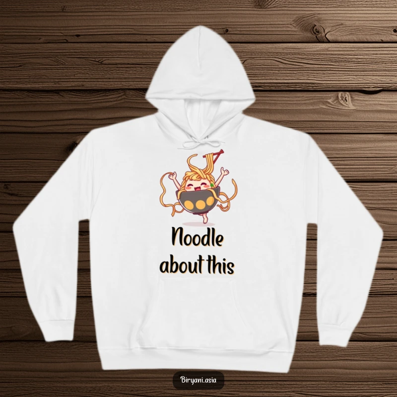 Funny Ramen Dance Hoodie featuring a happy ramen bowl character twirling noodles like ribbons, providing cozy and cheerful vibes.