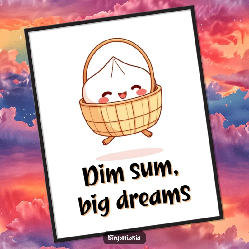 Funny Free Printable Wall Art: A delightful dim sum basket with small legs performs a playful hop, adding whimsical charm.