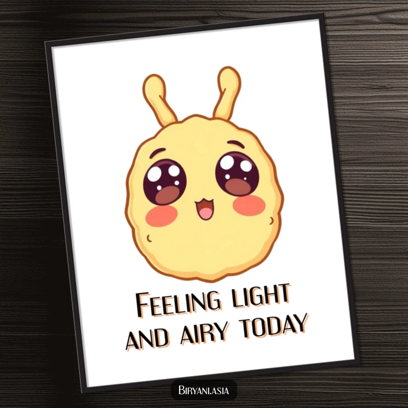 Funny free printable wall art of a surprised piece of tempura with wide eyes, floating blissfully upwards.