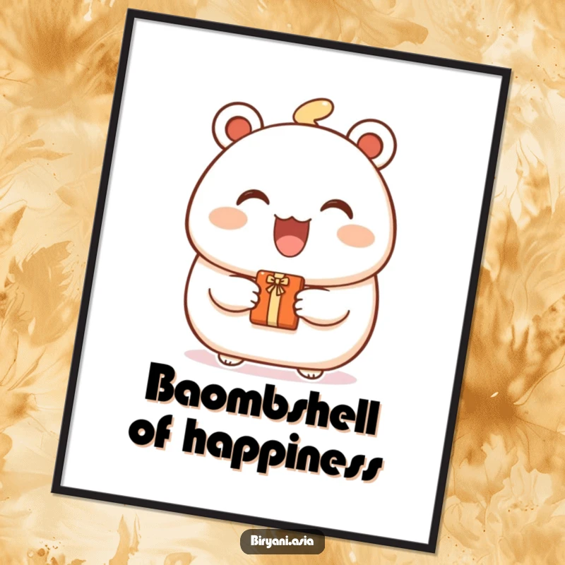 Funny Free Printable Bao Bun Wall Art: A joyful bao bun character with a big smile offering a tiny gift.