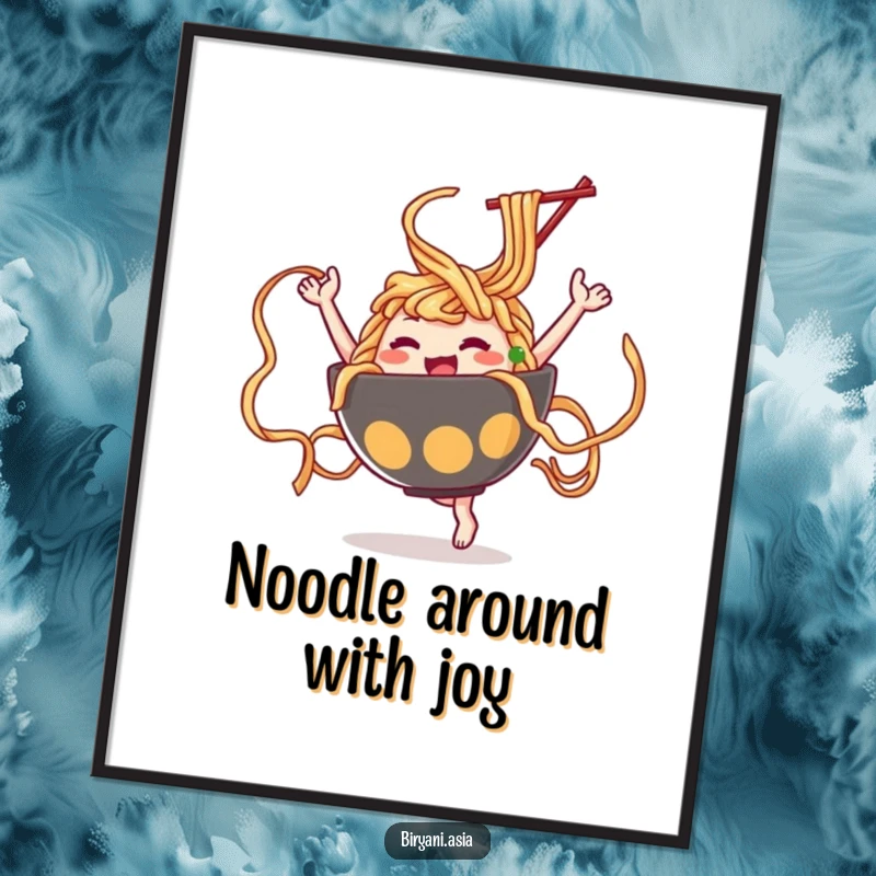 Funny Free Printable Ramen Wall Art: A dancing ramen bowl character twirling noodles like ribbons in a fun, energetic pose.